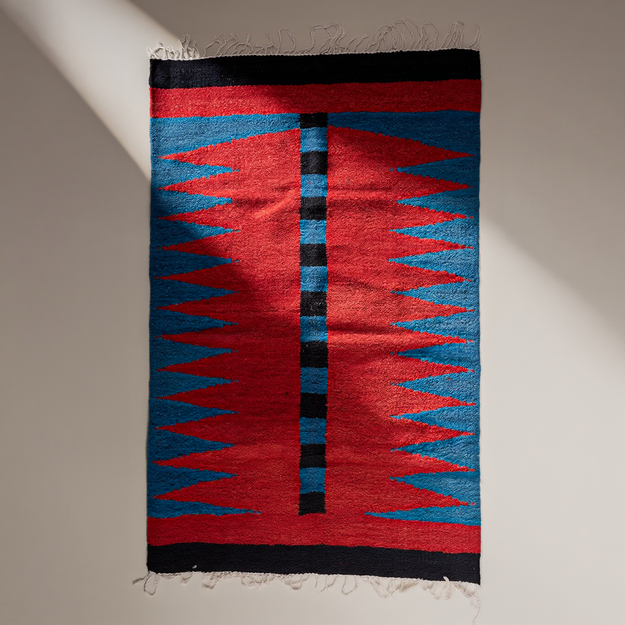 Abstract Organic wool rug, hand loomed, red & blue