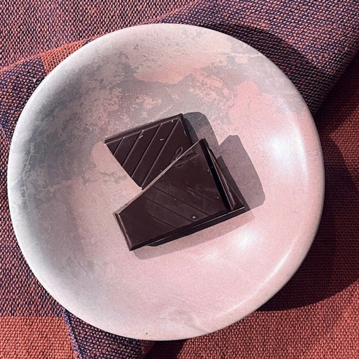 Two dark chocolate pieces with diagonal ridges resting in a shallow, round, light pink ceramic dish, which is placed on a textured red and navy plaid fabric.