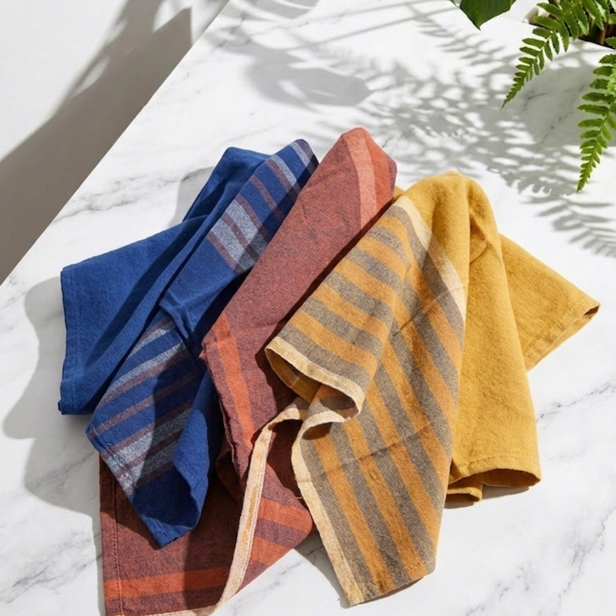 Three folded napkinsin blue, red, and yellow on a marble surface with plants in the background.